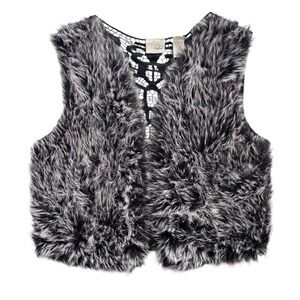 Daytrip Women's L Black Grey Faux Fur Lace Crochet Back Open Front Vest Y2K Boho